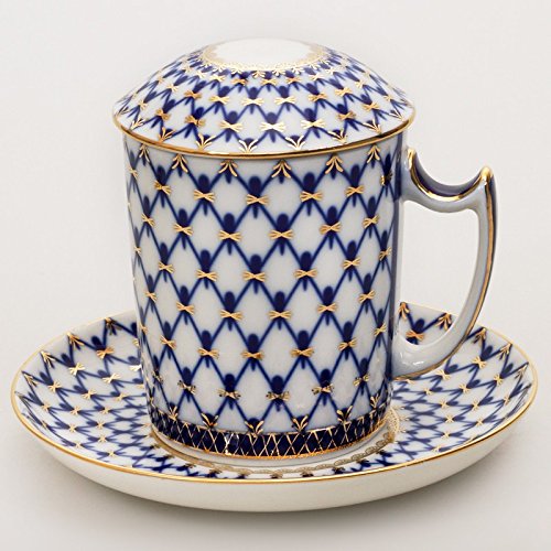 Imperial / Lomonosov Porcelain Mug w/ Lid and Saucer 'Cobalt Net'