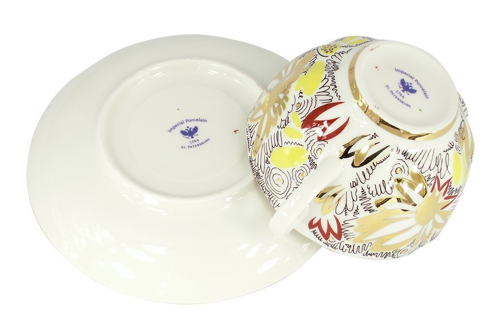 Lomonosov Porcelain Tea Set Cup and Saucer Tulip Golden Daisy 8.45 oz/250 ml