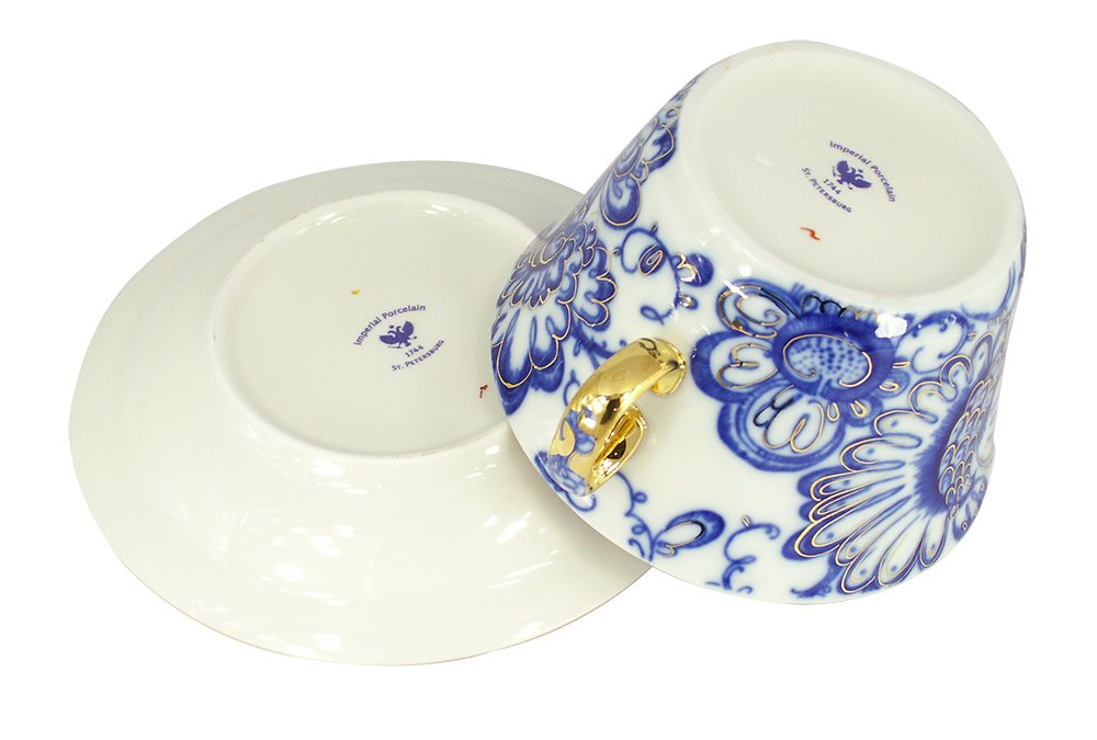 Lomonosov Porcelain Bouillon Soup Cup and Saucer Singing Garden 5.7 oz/170 ml