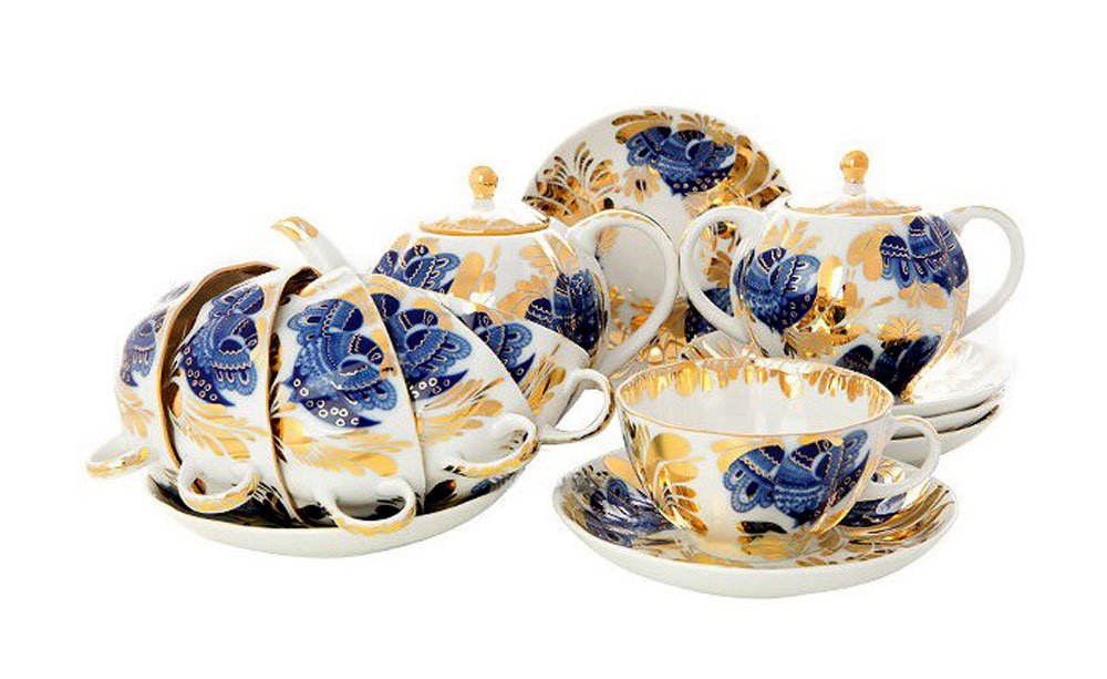 Lomonosov Porcelain Tea Set Tulip Golden Garden 20 pcs 6/20: Tea Pot, Sugar Bowl, 6 Cups with Saucers and 6 Cake Plates