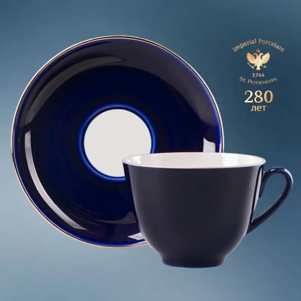 Lomonosov Porcelain Tea Set Cup and Saucer Spring Night 7.8 oz/230 ml, Dark Blue, White, Gold