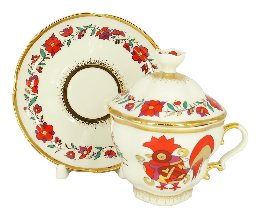 Lomonosov Porcelain Covered Cup Set Gift-2 Red Rooster 8.45 oz/250 ml