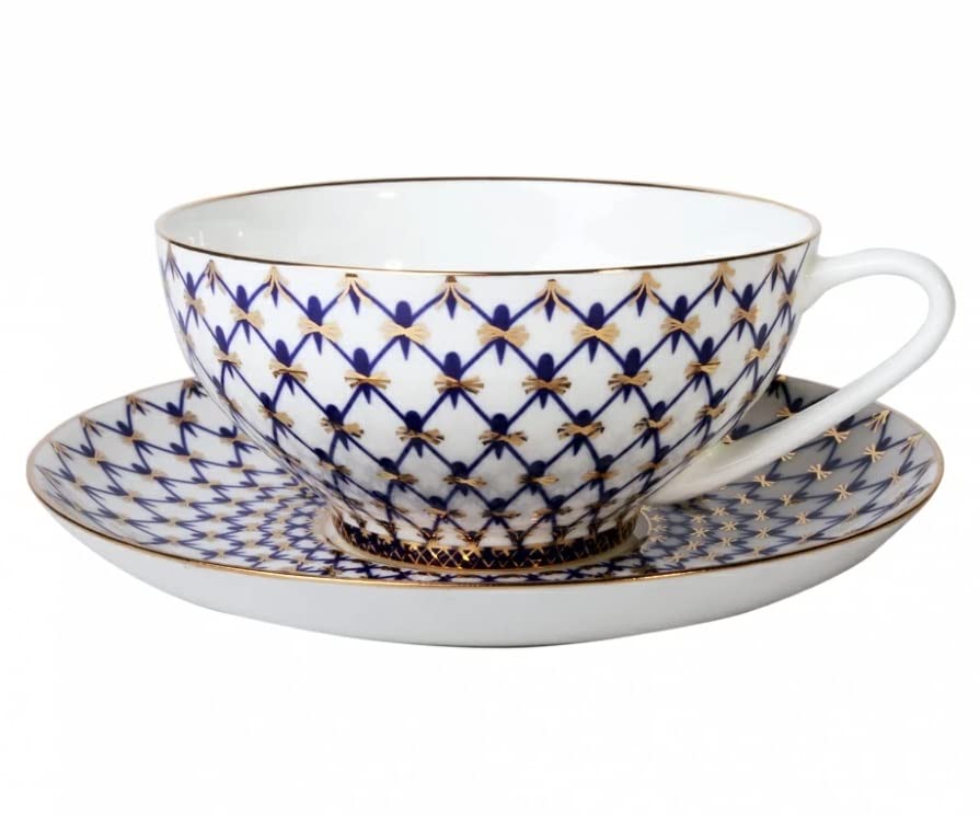 Lomonosov Porcelain Tea Cup and Saucer Cobalt Net Bone China 10 oz/300 ml
