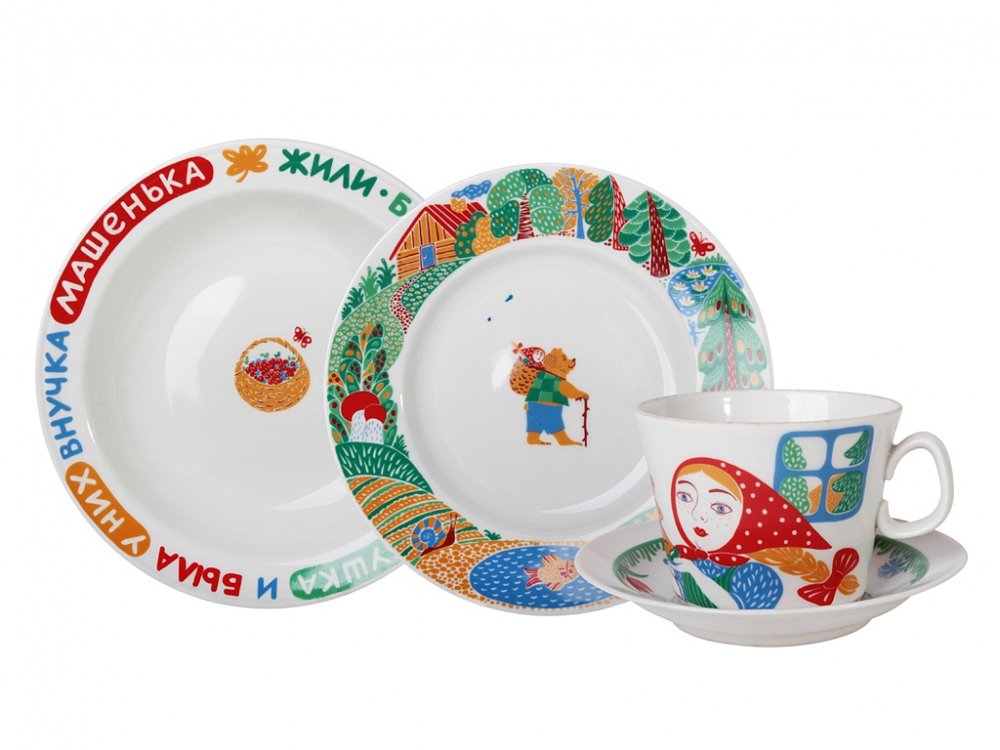 Lomonosov Porcelain Baby Set 4pc: Cup, Saucer, Plate,Bowl Masha and Bear