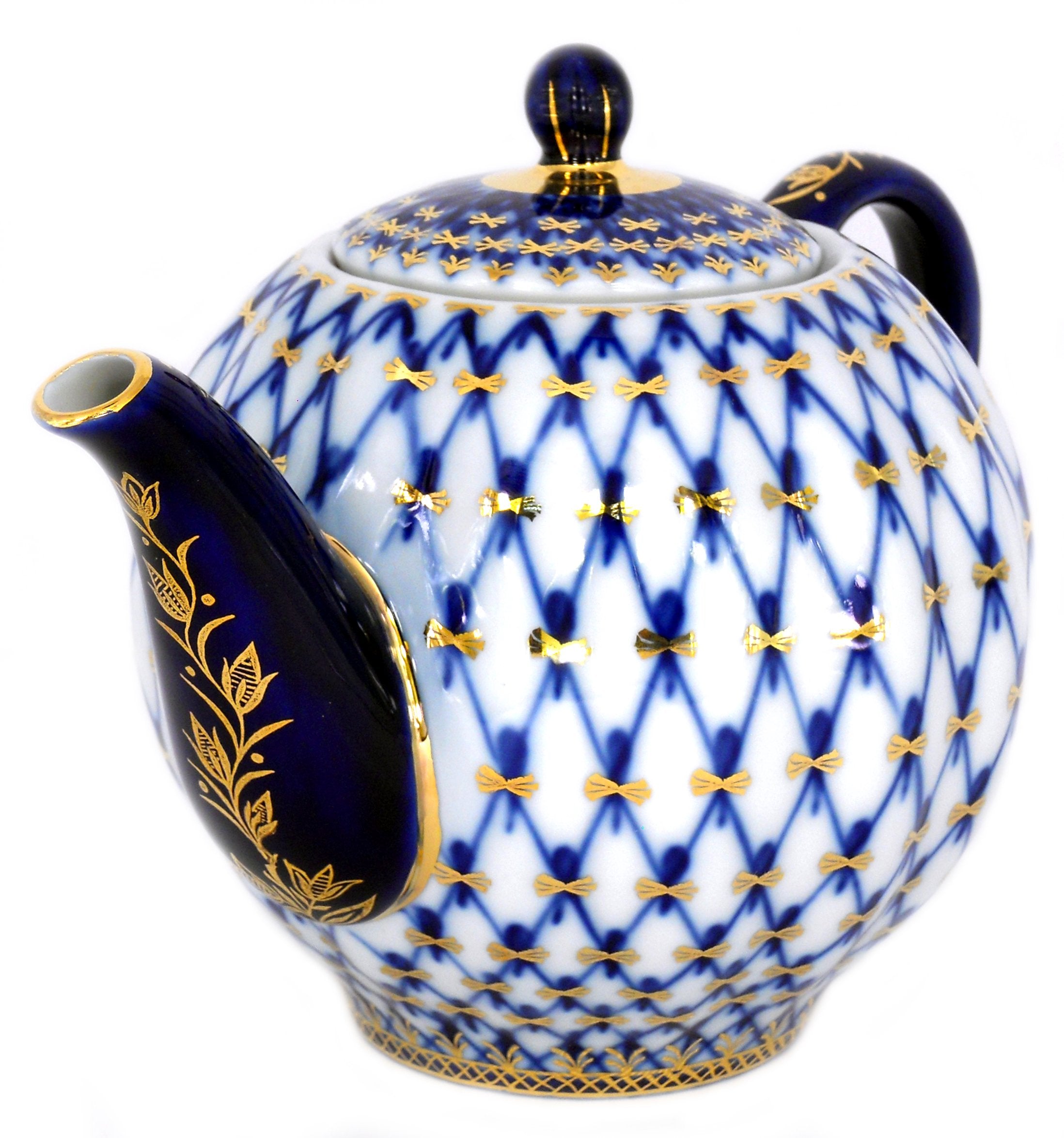 Lomonosov Porcelain Tulip Cobalt Net Tea Set 6/20: Tea Pot, Sugar Bowl, 6 Cups with Saucers and 6 Cake Plates.