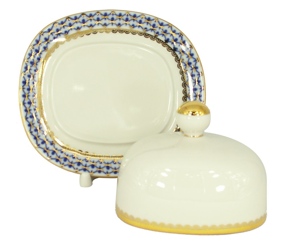 Lomonosov Porcelain Butter Holder Dish Rectangular Cobalt Net