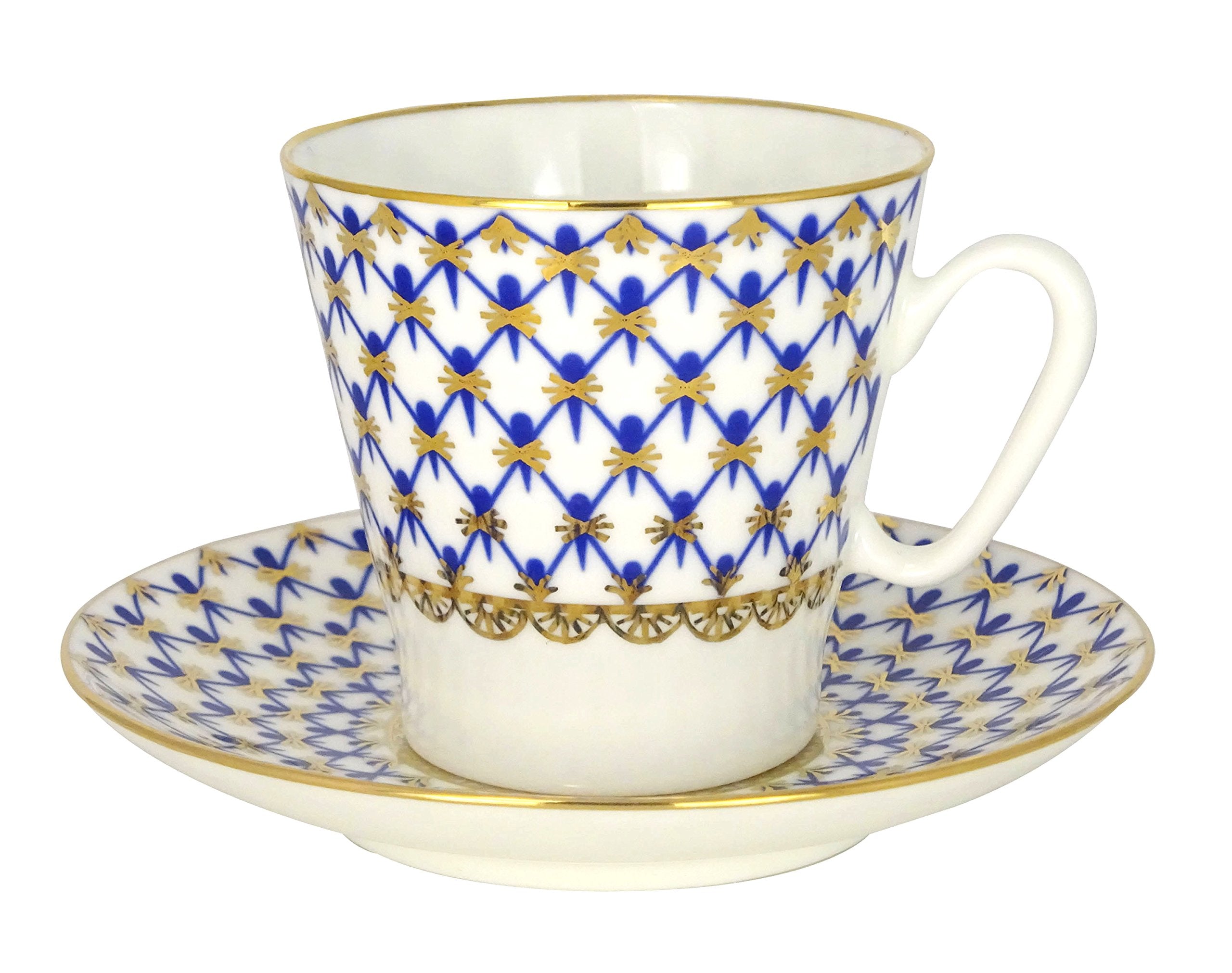 Lomonosov Porcelain Bone China Black Coffee Espresso Cup and Saucer Cobalt Net 2.71 fl.oz/80 ml