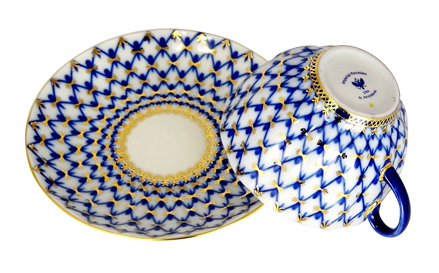 Lomonosov Imperial Porcelain Espresso Coffee Tea Cup with Saucer Cobalt Net