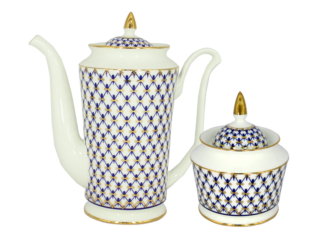 Coffee Pot and Sugar Bowl Yulia Cobalt Net Lomonosov Bone China Porcelain