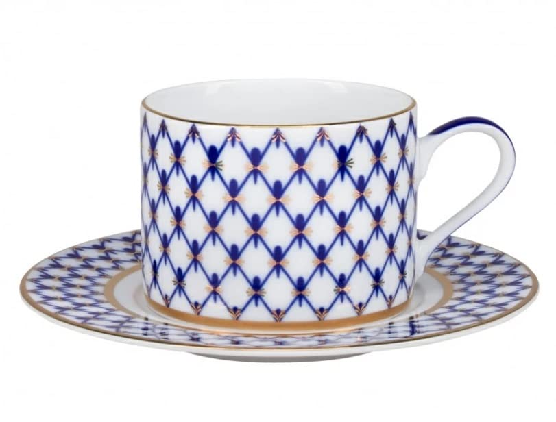 Lomonosov Porcelain Teacup and Saucer Cobalt Net Solo 10 oz/265 ml