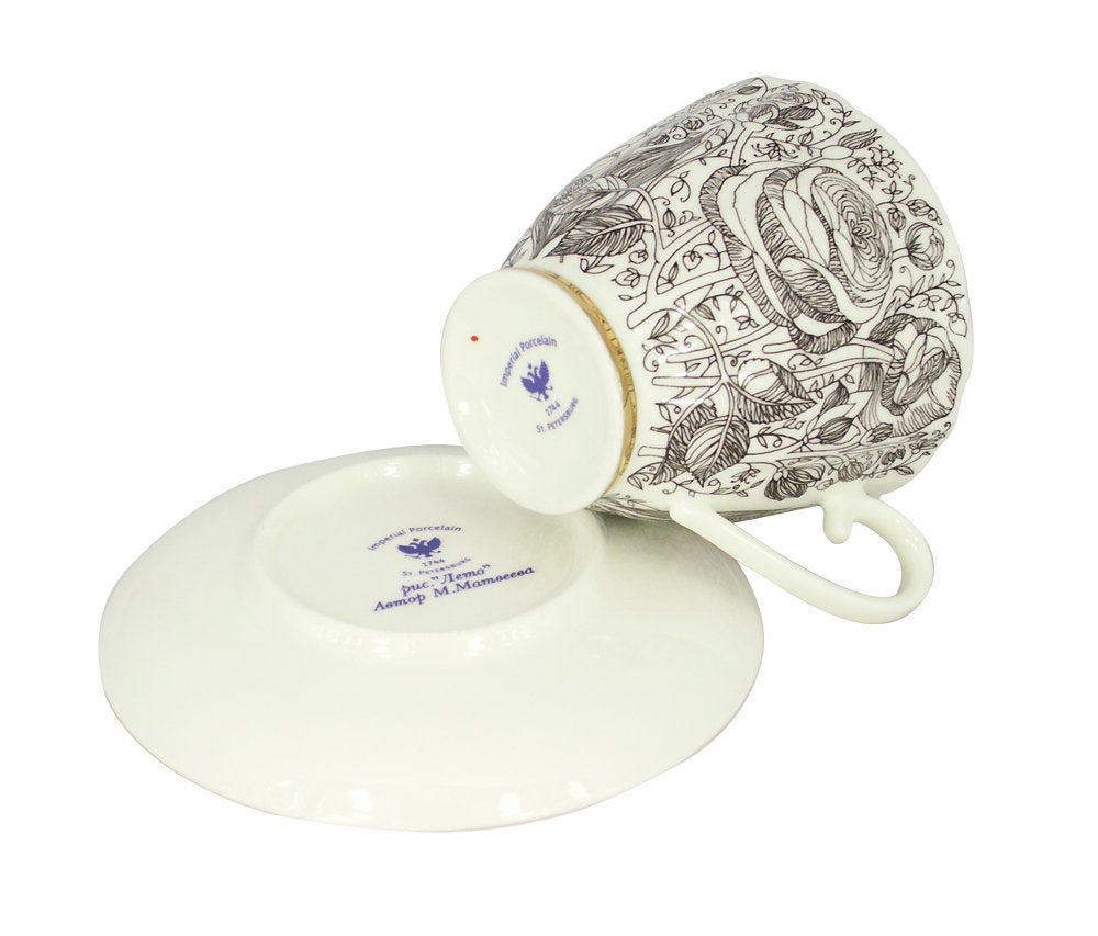 Lomonosov Porcelain Bone China Coffee/Tea Set 6.8 oz/200 ml Black Summer 2pc