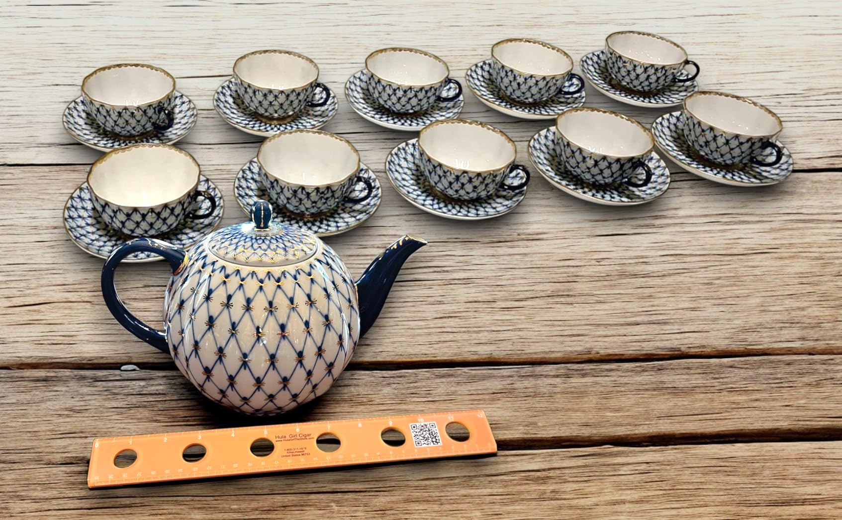 Lomonosov Porcelain 10 Cups Large Tea Pot 68 oz/2000 ml Cobalt Net