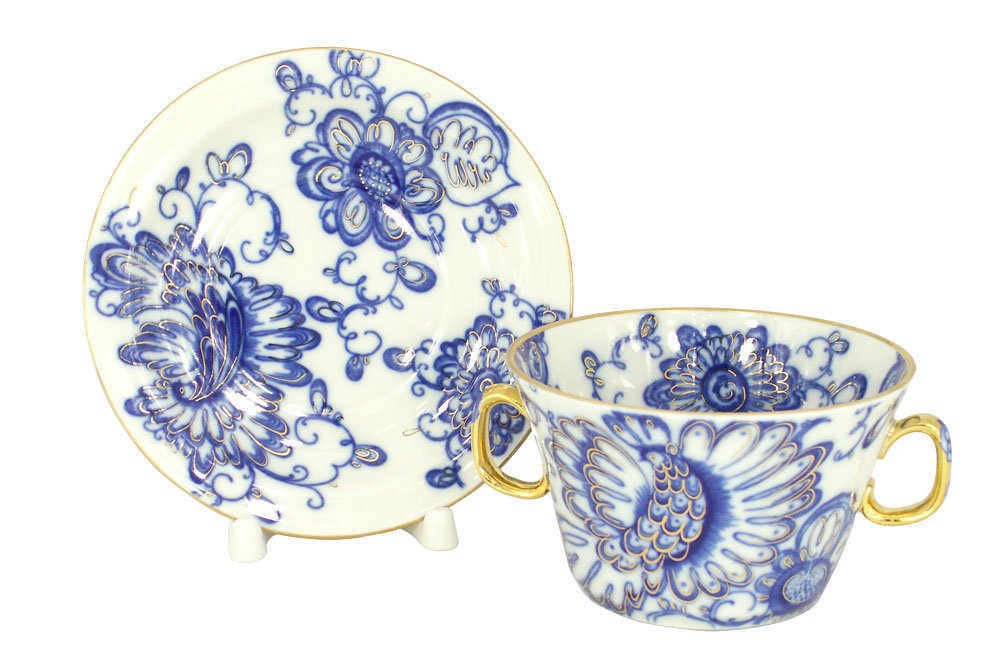 Lomonosov Porcelain Bouillon Soup Cup and Saucer Singing Garden 5.7 oz/170 ml