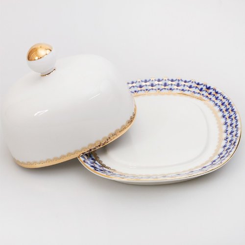 Imperial/Lomonosov Porcelain Butter Dish"Cobalt Net"