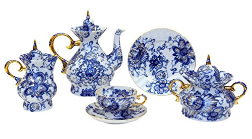 Lomonosov Porcelain Tea Set Singing Garden 22 pcs: Tea Pot, Sugar Bowl, 6 Cups with Saucers and 6 Cake Plates, Creamer and Fruit Vase