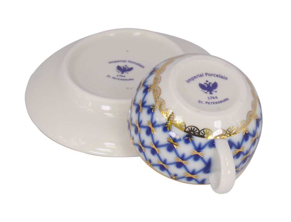 Lomonosov Imperial Porcelain Espresso Coffee Tea Cup with Saucer Cobalt Net