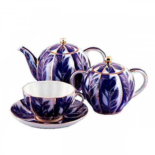 Lomonosov Porcelain Tea Set Tulip Winter Night 6/14: Tea Pot, Sugar Bowl, 6 Cups with Saucers