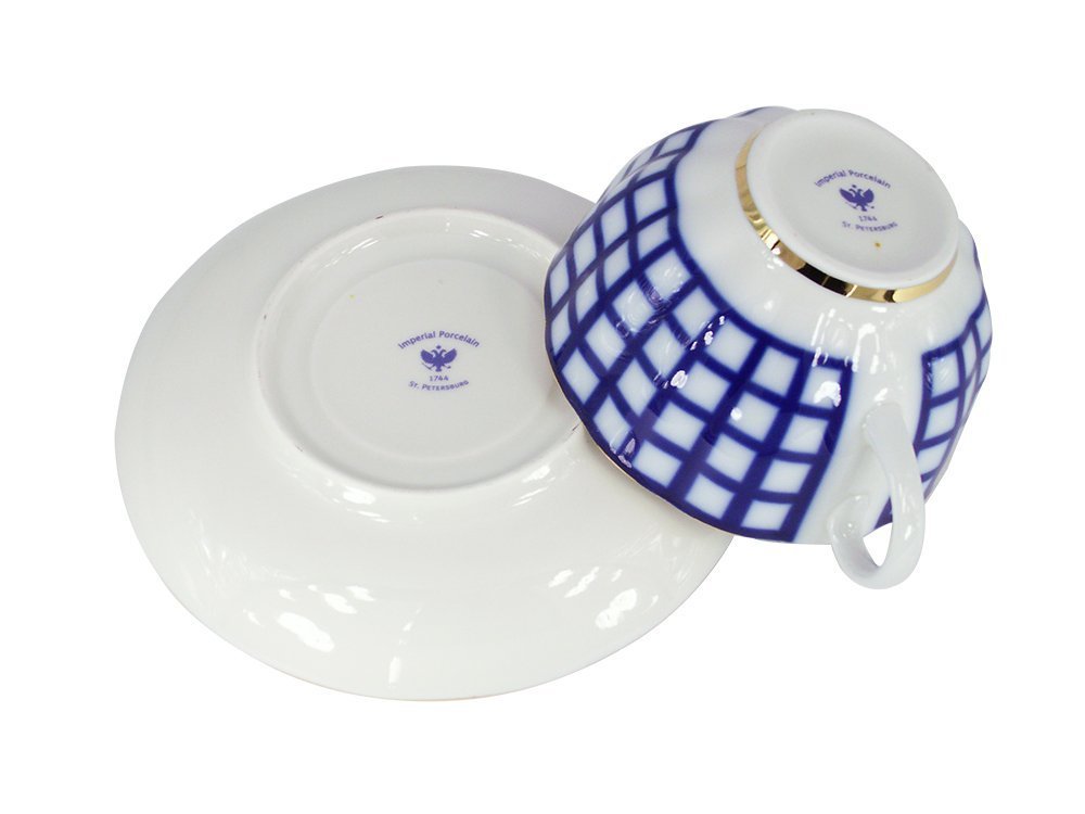 Lomonosov Porcelain Tea Set Cup and Saucer Cobalt Cell 8.45 oz/250 ml