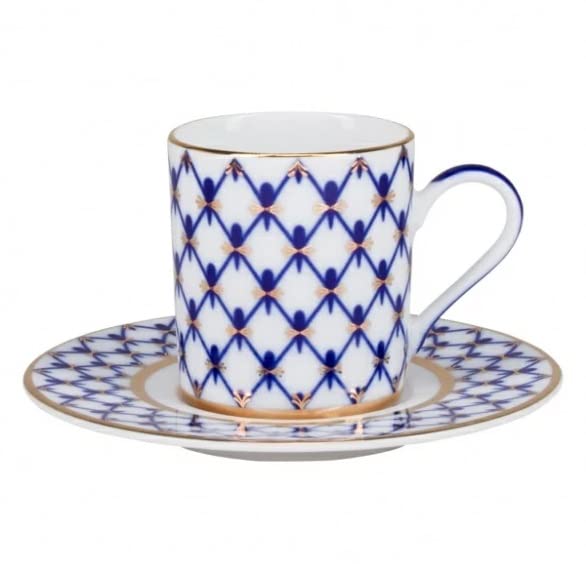 Lomonosov Porcelain Coffee Cup and Saucer Cobalt Net Solo Espresso 3.4 oz/100 ml