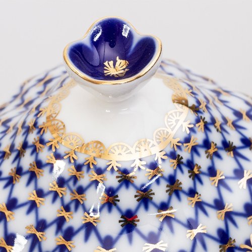 Imperial / Lomonosov Porcelain Cobalt Net Teacup w/ Saucer & Lid