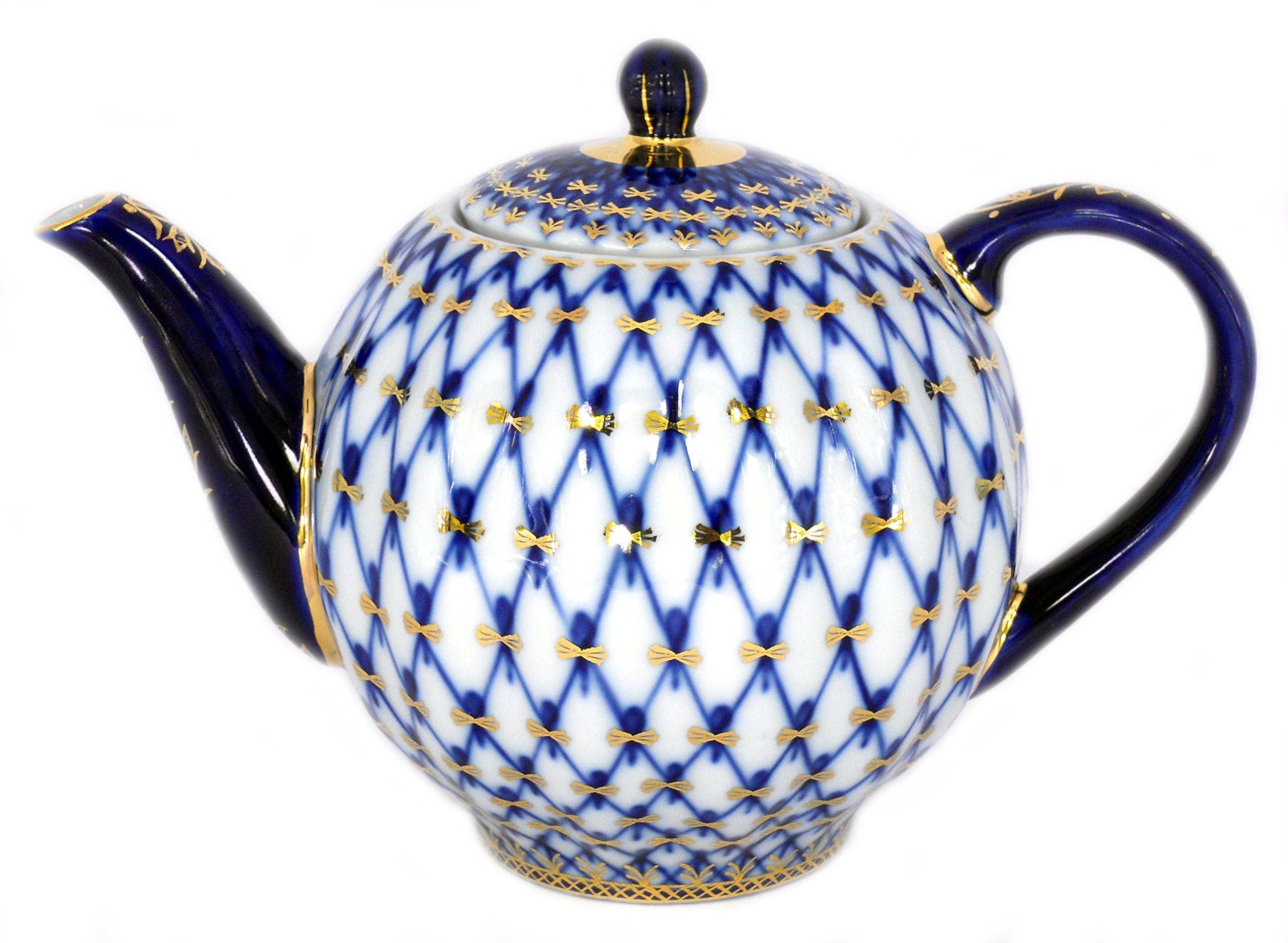 Lomonosov Porcelain Tulip Cobalt Net Tea Set 6/14: Tea Pot, Sugar Bowl and 6 Cups with Saucers