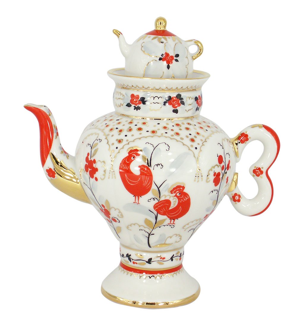 Lomonosov Porcelain Teapot Samovar Red Magic Birds 16.2 fl.oz/480 ml
