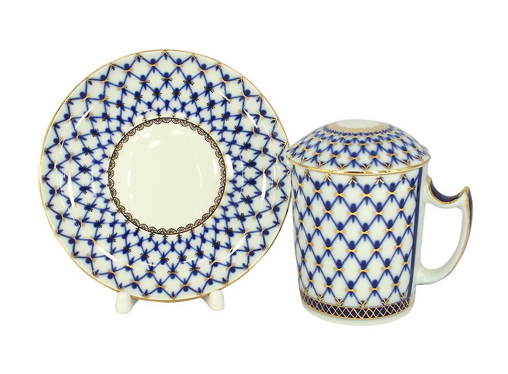 Lomonosov Porcelain Cobalt Net Covered Herbal Steep 12.8 oz Mug with Saucer
