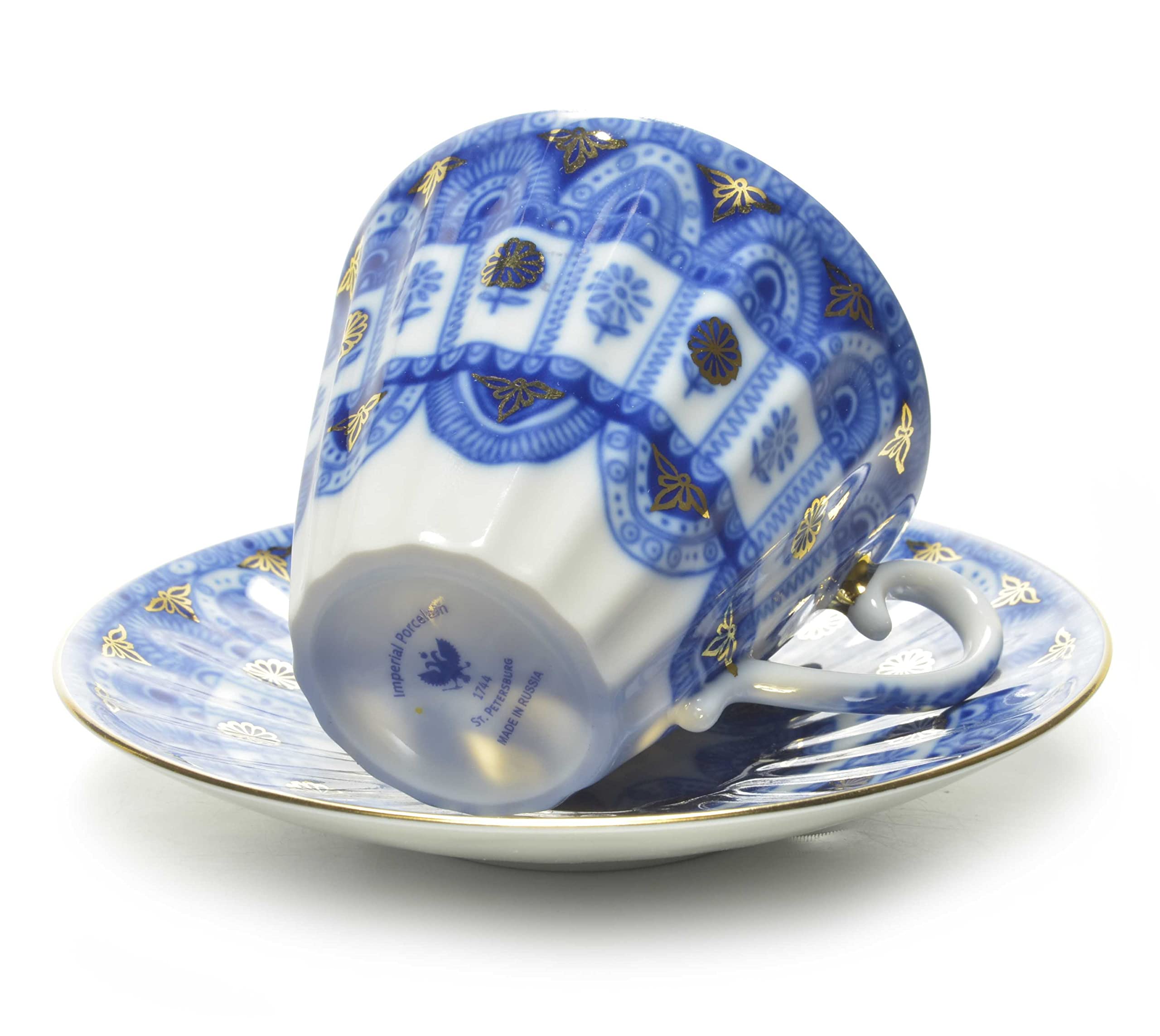 Lomonosov Porcelain Tea Set Cup and Saucer Blue Lace 7.95 oz/235 ml